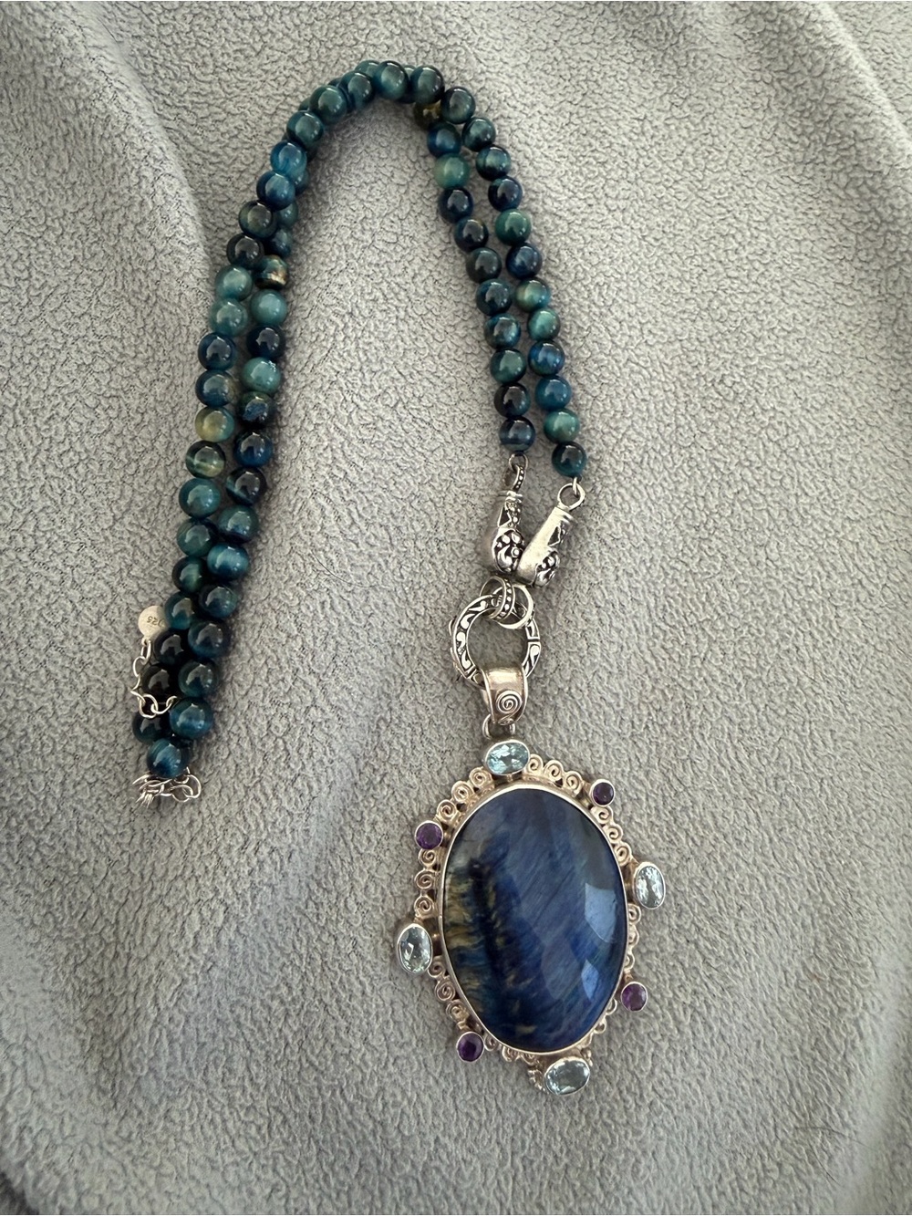 Stunning Beria Collection detachable Blue Tiger’s-Eye pendant and necklace S/S